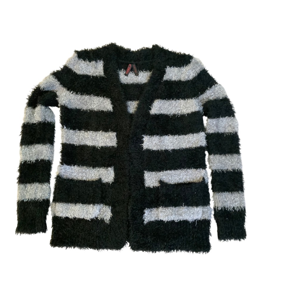 Yoki Women Black Silver Striped Eyelash Knit Open Front Cardigan Sweater SW3462